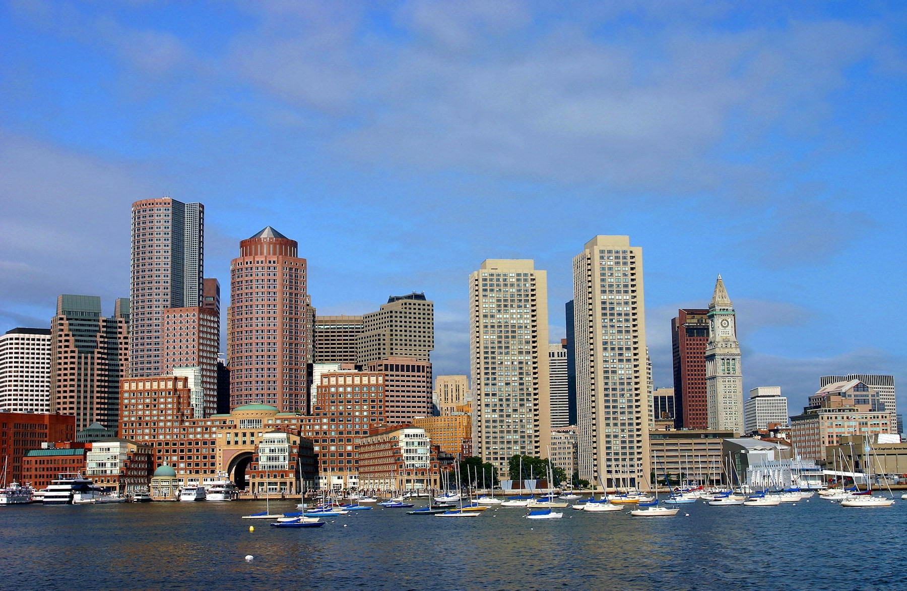 Boston harbor skyline with boats